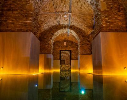 Foto de la piscina interior del spa con paredes de piedra.