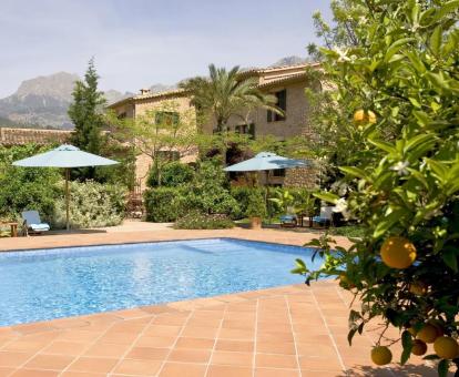 Hotel rural con piscina al aire libre y rodeado de vegetación.