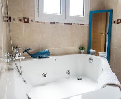 Foto de la bañera de hidromasaje grande para dos personas en el baño con un espejo vertical en una de las paredes junto al jacuzzi.